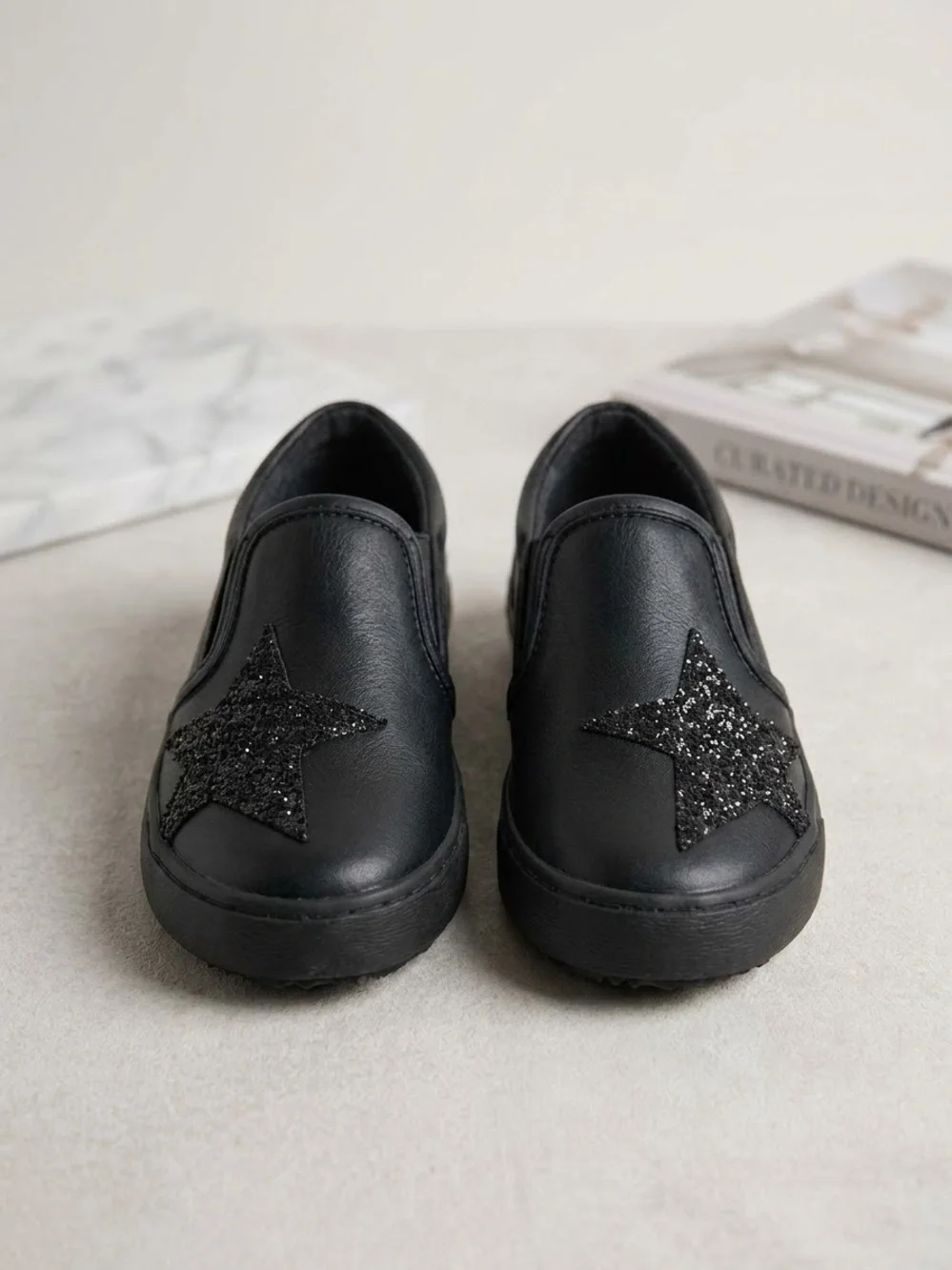 Geox Girl Slip-On Shoes in Black with Black Glitter Stars. Italian Brand